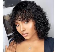 Mjiokii Human Hair Wigs with Bangs for Black Women Glueless Short Water Wave Curly with Bang 180% Density No Wavy Lace