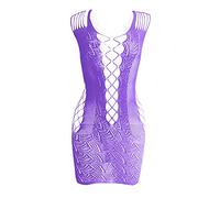 MJIQING lingerie body suits Women's Lingerie Fishnet Bodysuit One Piece Mesh Dress Babydoll Chemise Teddy Nightwear Stretch Bedroom Erotic Outfits for Wedding Travel Purple