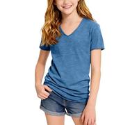 Mjjsk Girls Boys T Shirts Short Sleeve V Neck Summer Tops Plain Casual Comfortable Basic Tees Kids Breathable Lightweight School Tshirt (L-Blue,13-14 Years)