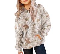 Mjjsk Girls Camouflage Hoodies Maple Leaf Print Oversized Hooded Sweatshirt Kids Camo Trendy Long Sleeve Casual Pullover Top with Pocket (Khaki,5-6 Years)
