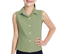 Mjjsk Girls Shirts Kids Summer Sleeveless Button Down Shirts Teens Casual Stylish Plain Collared Neck Blouses Tops Lapel Basic Vests (Green,9-10 Years)