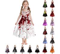 Mjjsk Halloween Outfits for Girls Kids Bloody Ghost Print Flared Dress Sleeveless Tunic Birthday Party Dress Casual Holiday Dresses (#-1-White,13-14 Years)