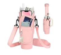 MJK Essentials Neoprene Water Bottle Carrier with Free Straw Covers, Phone Pocket for Stanley 40oz Tumbler - Adjustable Strap, Key Hook for Hiking, Outdoor Activities (Pink)