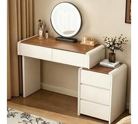 MJKCBD Dressing Table Set with LED Mirror,3 Lighting Modes, 5 Large Drawers | 39.4in Vanity Makeup with Walnut Tabletop, 15.7in Reversible Cabinet, PU Leather, Mid-Century Modern, Cream White