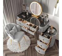 MJKCBD Dressing Table with LED Lights Mirror, Makeup Vanity Desk with Side Cabinet, 6 Drawers and Tempered Glass Desktop, Flexible Assembly,Grey Gold,80cm