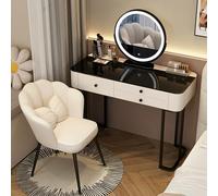 MJKCBD Dressing Table with Lighted Mirror, Modern Makeup Vanity Desk with 3 Large Drawers, Cushioned Chair, Black Tempered Glass Top for Girls Bedroom,White 39.4″
