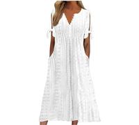 MJLOMJ Boho Dresses for Women UK Women's Short Sleeve Boho Swing Dress with Pockets, Beachwear for Women UK,Cotton Dresses A Line Daily Dress for Beach and Bridesmaid (Soft White,3XL)