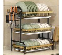 MJMLUCK 2/3 Tier Kitchen Counter Dish Drying Rack, Carbon Steel Dish Strainers with Drain Tray,Chopsticks Rack,Knife Holder, Over The Sink Dish Racks Storage Rack, Green Gold (Black Gold W17(3 Tie
