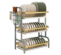 MJMLUCK 2/3 Tier Kitchen Counter Dish Drying Rack, Carbon Steel Dish Strainers with Drain Tray,Chopsticks Rack,Knife Holder, Over The Sink Dish Racks Storage Rack, Green Gold (Green Gold W21(3 Tie
