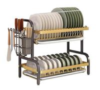 MJMLUCK 2/3 Tier Kitchen Counter Dish Drying Rack, Carbon Steel Dish Strainers with Drain Tray,Chopsticks Rack,Knife Holder, Over The Sink Dish Racks Storage Rack, Green Gold (Black Gold W21(2 Tie