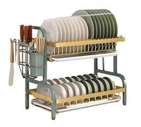 MJMLUCK 2/3 Tier Kitchen Counter Dish Drying Rack, Carbon Steel Dish Strainers with Drain Tray,Chopsticks Rack,Knife Holder, Over The Sink Dish Racks Storage Rack, Green Gold (Green Gold W21(2 Tie