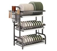 MJMLUCK 2/3 Tier Kitchen Counter Dish Drying Rack, Carbon Steel Dish Strainers with Drain Tray,Chopsticks Rack,Knife Holder, Over The Sink Dish Racks Storage Rack, Green Gold (Black W21(3 Tier))