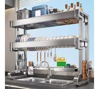 MJMLUCK 2-Tier Kitchen Sink Organizer Adjustable Height 304 Stainless Steel Dish Drying Rack Strong Load-Bearing Capacity Over The Sink Drying Rack for Kitchens (96 * 29 * 78cm)