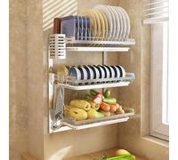 MJMLUCK 304 Stainless Steel Wall-Mounted Dish Rack, Adjustable Height - 2-Tier Black w/Cutting Board Rack (Three Layers of Primary Colors D)