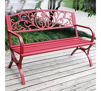 MJMLUCK 50 Inches Outdoor Garden Bench, Patio Bench with Floral Pattern Backrest, Arch Legs Two-Person Weatherproof Metal Bench for Garden Lawn Porch Park Backyard(White) (Red 130 * 60 * 85)