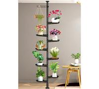 MJMLUCK Indoor Plant Pole Spring Pull Rod Indoor Plant Pole Stand Double Pull Rod Flower Pot Storage Rack Stand Floor Display Rack Hook with 8 Trays (Color: Black)