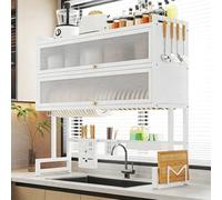 MJMLUCK Large Over The Sink Dish Drainer Drying Rack, Space-Saving 3-Tier Dish Drying Rack with Cover, Multifunctional Metal Counter Shelf,for Plates Bowl (White 85 * 102cm/33.5 * 40.2in)
