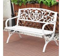 MJMLUCK Outdoor Metal Loveseat Chairs, with Flower Pattern Backrest and Arch Legs, Curved Handrail, Load Capacity 660 Lbs, for Park, Yard, Porch, Lawn, Patio Garden Bench(Black) (White)