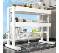 MJMLUCK Over The Sink Dish Drying Rack, 2 Tier Carbon Steel Kitchen Sink Organizer Adjustable Height Dish Drainer, for Dishes, Pots, Spices, Cleaning Supplies (White 93cm/36.6in)