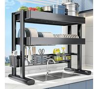 MJMLUCK Over The Sink Dish Drying Rack, 2 Tier Carbon Steel Kitchen Sink Organizer Adjustable Height Dish Drainer, for Dishes, Pots, Spices, Cleaning Supplies (Black 83cm/32.7in)