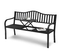 MJMLUCK Park Bench, Garden Bench with Pullout Middle Table, Outdoor Metal Benches with Backrest and Armrests, Park Bench Outdoor Furniture for Porch, Deck, Park, Yard, Entryway, Path (Color : Black