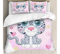 MJNLYDAO Bedding duvet set Reversible soft print set Hypoallergenic glue cover Bedding kit with 2 pillowcases,Cartoon snow leopard with expressive eyes among flowers hearts decorative e,228x264cm