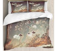 MJNLYDAO Bedding duvet set Reversible soft print set Hypoallergenic glue cover Bedding kit with 2 pillowcases,Flying Objects in Cloudy Sky UFOs Aliens Futuristic Science Fiction Theme P,228x264cm