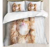 MJNLYDAO Bedding duvet set Reversible soft print set Hypoallergenic glue cover Bedding kit with 2 pillowcases,Cute little red kitten sleeps on fur white blanket,228x264cm