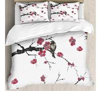 MJNLYDAO Bedding duvet set Reversible soft print set Hypoallergenic glue cover Bedding kit with 2 pillowcases,Floral seamless pattern. Blooming cherry with birds on branches. Watercolor,228x264cm