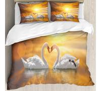 MJNLYDAO Bedding duvet set Reversible soft print set Hypoallergenic glue cover Bedding kit with 2 pillowcases,beautiful White swan in heart shape on lake sunset .Love bird concept.coupl,228x264cm