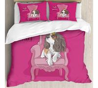 MJNLYDAO Bedding duvet set Reversible soft print set Hypoallergenic glue cover Bedding kit with 2 pillowcases,Cavalier King Charles Spaniel Puppy with a princess crown on a pink armchai,228x264cm