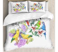 MJNLYDAO Bedding duvet set Reversible soft print set Hypoallergenic glue cover Bedding kit with 2 pillowcases,Exotic parrots and beautiful flowers on white background vector illustratio,228x264cm