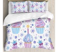 MJNLYDAO Bedding duvet set Reversible soft print set Hypoallergenic glue cover Bedding kit with 2 pillowcases,Birthday cupcakes frozen sweets ice and snowflakes. Pink and purple food wa,228x264cm