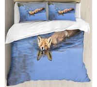 MJNLYDAO Bedding duvet set Reversible soft print set Hypoallergenic glue cover Bedding kit with 2 pillowcases,Fox,Cute Fox Swimming in Blue River Natural Life Mammal Wild Animal Image P,228x264cm