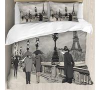 MJNLYDAO Bedding duvet set Reversible soft print set Hypoallergenic glue cover Bedding kit with 2 pillowcases,Drawing of a view of Alexander III bridge in Paris showing Eiffel tower. Ni,228x264cm