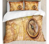 MJNLYDAO Bedding duvet set Reversible soft print set Hypoallergenic glue cover Bedding kit with 2 pillowcases,close-up shot of an open brass compass on a antique 1920's map.,228x264cm