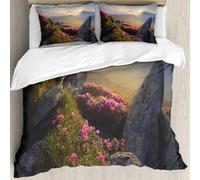 MJNLYDAO Bedding duvet set Reversible soft print set Hypoallergenic glue cover Bedding kit with 2 pillowcases,Sunrise in Valley ow with Rhododendrons Wildlife Idyllic Rural Scenery,Yel,228x264cm