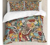 MJNLYDAO Bedding duvet set Reversible soft print set Hypoallergenic glue cover Bedding kit with 2 pillowcases,Cartoon cute doodles Cinema seamless pattern. Colorful illustration with lo,228x264cm