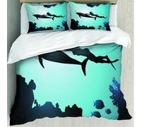 MJNLYDAO Bedding duvet set Reversible soft print set Hypoallergenic glue cover Bedding kit with 2 pillowcases,Dolphin, scuba diver girl swims with dolphin silhouette in Sea Fish Reefs B,228x264cm