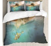 MJNLYDAO Bedding duvet set Reversible soft print set Hypoallergenic glue cover Bedding kit with 2 pillowcases,cat sailing on a waltz with sails in the blue sea and playing catch a fish,228x264cm