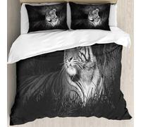 MJNLYDAO Bedding duvet set Reversible soft print set Hypoallergenic glue cover Bedding kit with 2 pillowcases,Black and white decorations, Bengal tiger lying on the grass,228x264cm