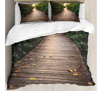 MJNLYDAO Bedding duvet set Reversible soft print set Hypoallergenic glue cover Bedding kit with 2 pillowcases,Boardwalk in Mangrove Forest Sunlight Tunnel Sunset Autumn Golden Leaves,228x264cm
