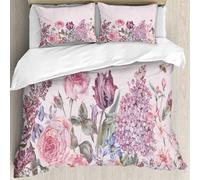 MJNLYDAO Bedding duvet set Reversible soft print set Hypoallergenic glue cover Bedding kit with 2 pillowcases,Vintage shabby garden watercolor spring seamless border with purple flowers,200x228cm