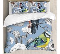 MJNLYDAO Bedding duvet set Reversible soft print set Hypoallergenic glue cover Bedding kit with 2 pillowcases,Bullfinch and Titmouse Birds over Floral Watercolor Seamless Pattern on blu,228x264cm