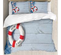 MJNLYDAO Bedding duvet set Reversible soft print set Hypoallergenic glue cover Bedding kit with 2 pillowcases,Buoy, Welcome Aboard Message on Lifebuoy with Fishing Net, Map,228x264cm