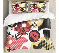 MJNLYDAO Bedding duvet set Reversible soft print set Hypoallergenic glue cover Bedding kit with 2 pillowcases,Bitcoin doodle style seamless funky pattern digital currency symbol. Hype t,228x264cm