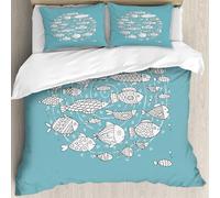 MJNLYDAO Bedding duvet set Reversible soft print set Hypoallergenic glue cover Bedding kit with 2 pillowcases,Doodle baby fish community swimming in the children's room cartoon,228x264cm