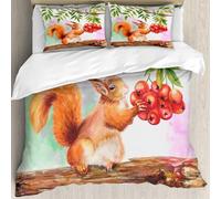 MJNLYDAO Bedding duvet set Reversible soft print set Hypoallergenic glue cover Bedding kit with 2 pillowcases,An orange fluffy squirrel sits on a tree and holds rowan berries. Watercolo,228x264cm