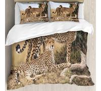 MJNLYDAO Bedding duvet set Reversible soft print set Hypoallergenic glue cover Bedding kit with 2 pillowcases,Cheetahs Mother and Two Small Babies Looking for Food Dangerous Exotic Anim,228x264cm
