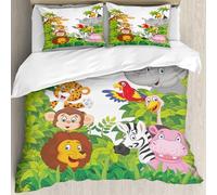 MJNLYDAO Bedding duvet set Reversible soft print set Hypoallergenic glue cover Bedding kit with 2 pillowcases,Cartoon collection happy animal in the jungle,228x264cm